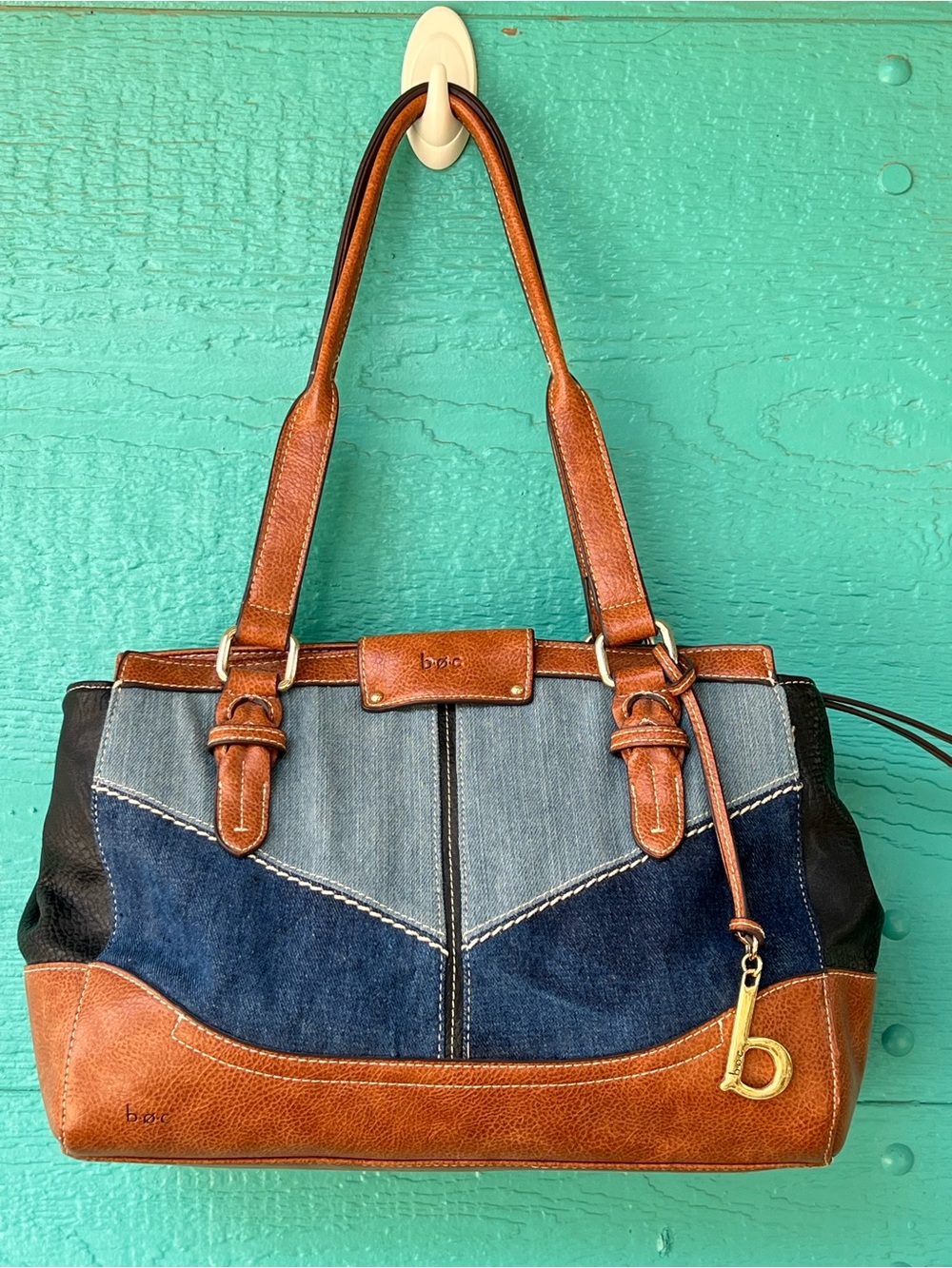 B.O.C. Born Concept Patchwork Denim Shoulder Bag Blue Jean Brown Trim
